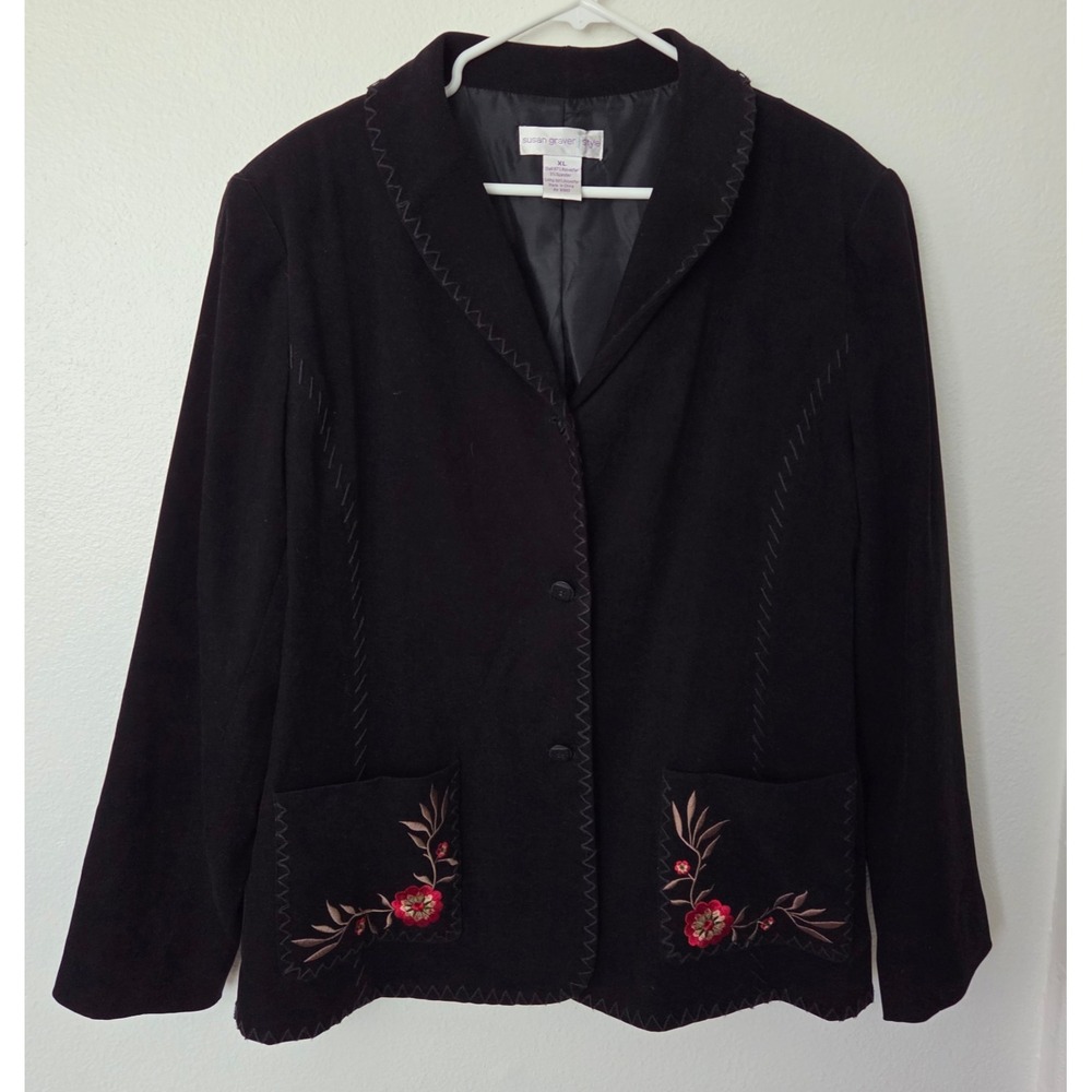 Susan Graver Style Black Faux Suede Embroidered Jacket Blazer XL Boho Western